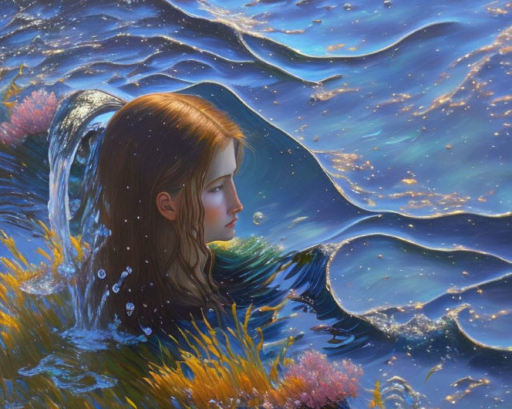 Mermaid illustration with long brown hair underwater surrounded by seaweed and coral