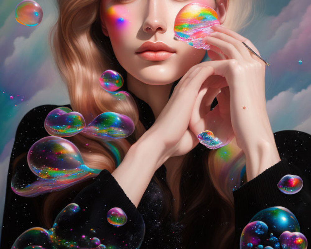Blonde woman surrounded by iridescent bubbles on celestial background