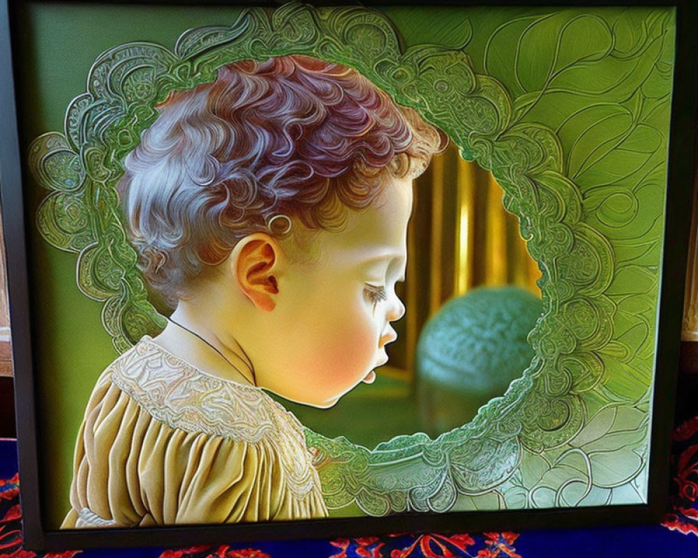Child's profile digital artwork with intricate green patterns on warm background