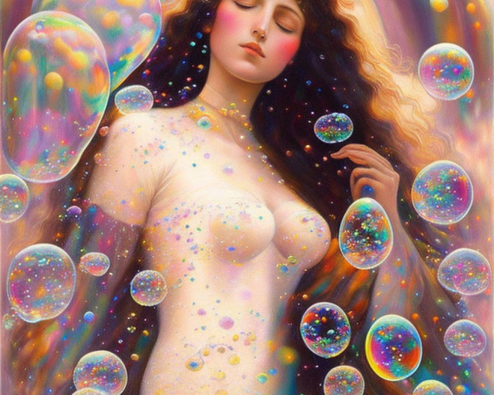 Illustration of woman in cosmic colors with iridescent bubbles