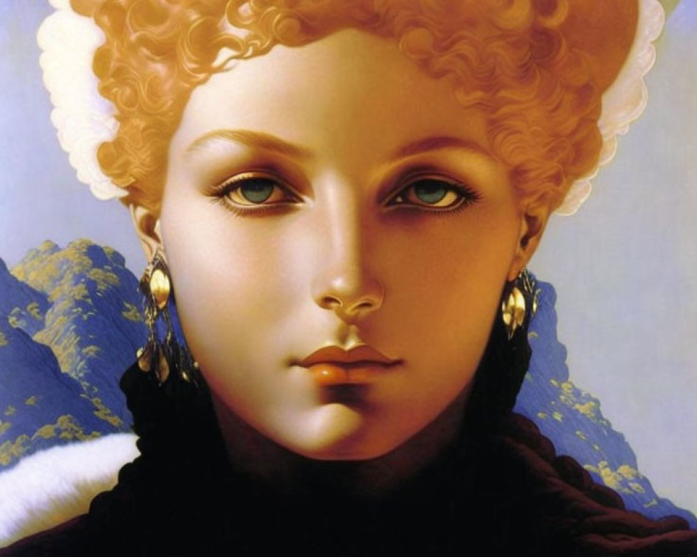 Stylized portrait of woman with golden curly hair and piercing eyes