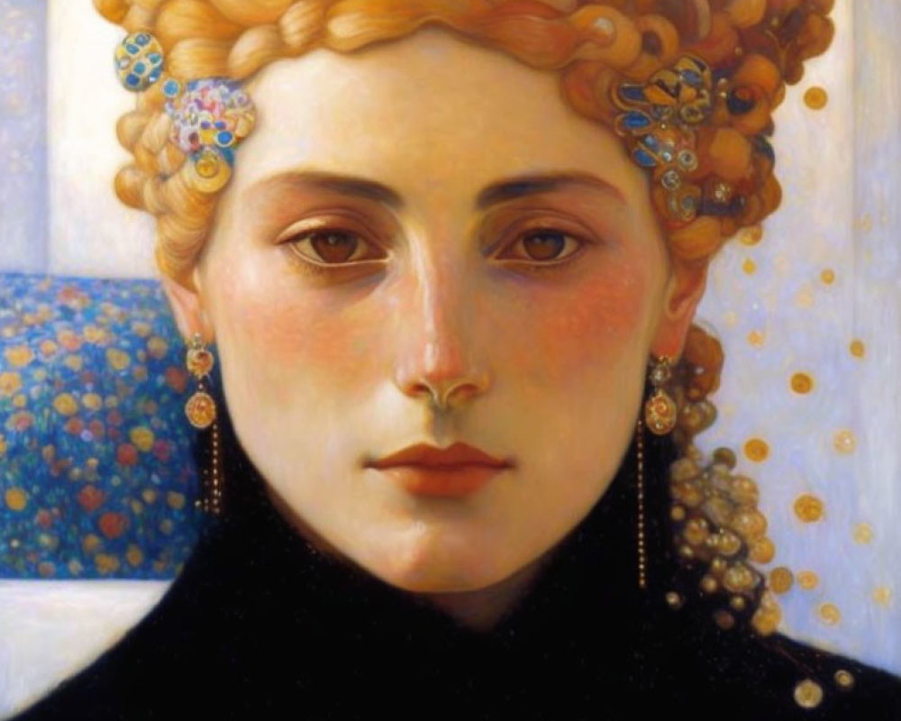 Portrait of Woman with Braided Hair and Ornate Earrings on Blue Floral Background