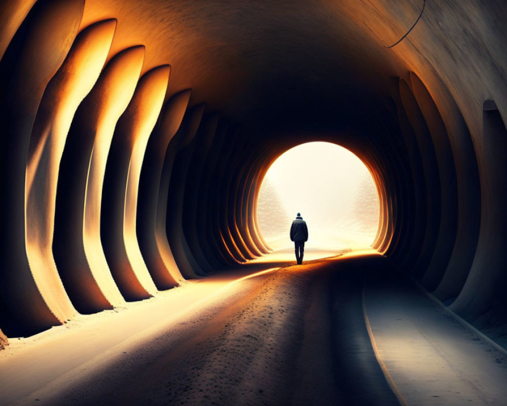 Person in tunnel with undulating walls and warm glow.