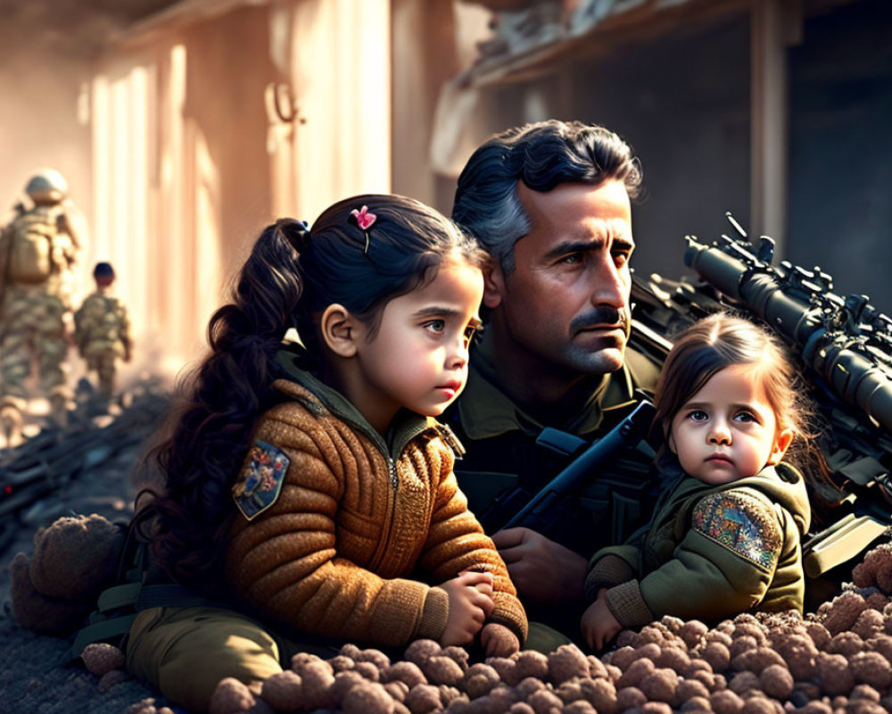Soldier resting with children in war-torn setting, another soldier passing by