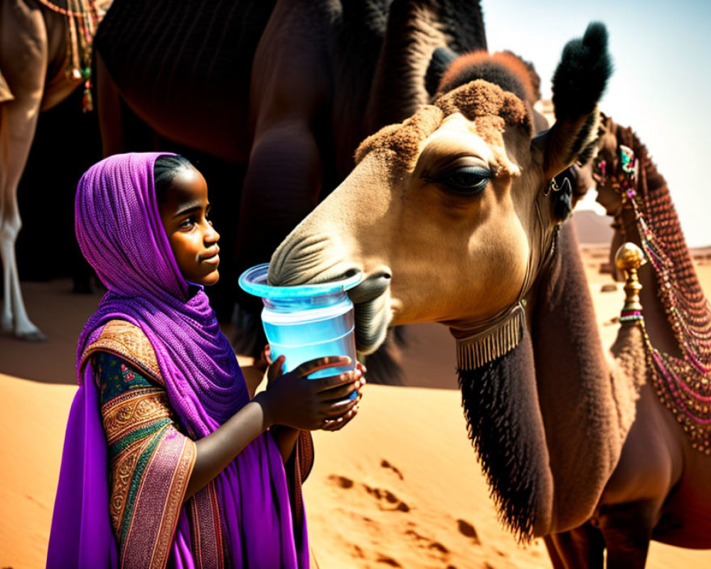 Girl in purple scarf offers water to camel in desert with elephants and people.