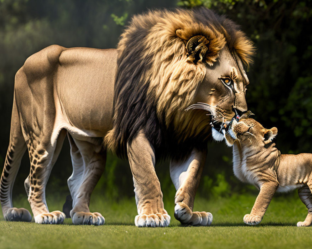 Adult lion interacting with playful lion cub in sunlit grassy setting