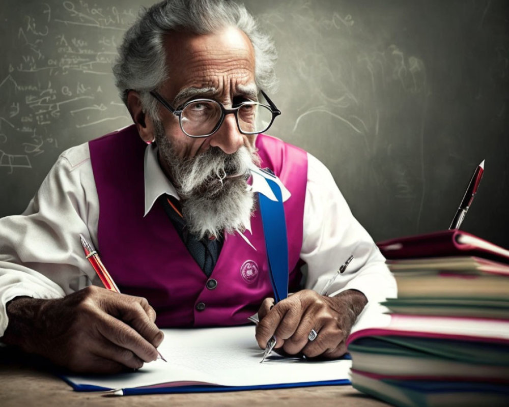 Elderly professor writing notes surrounded by books and equations