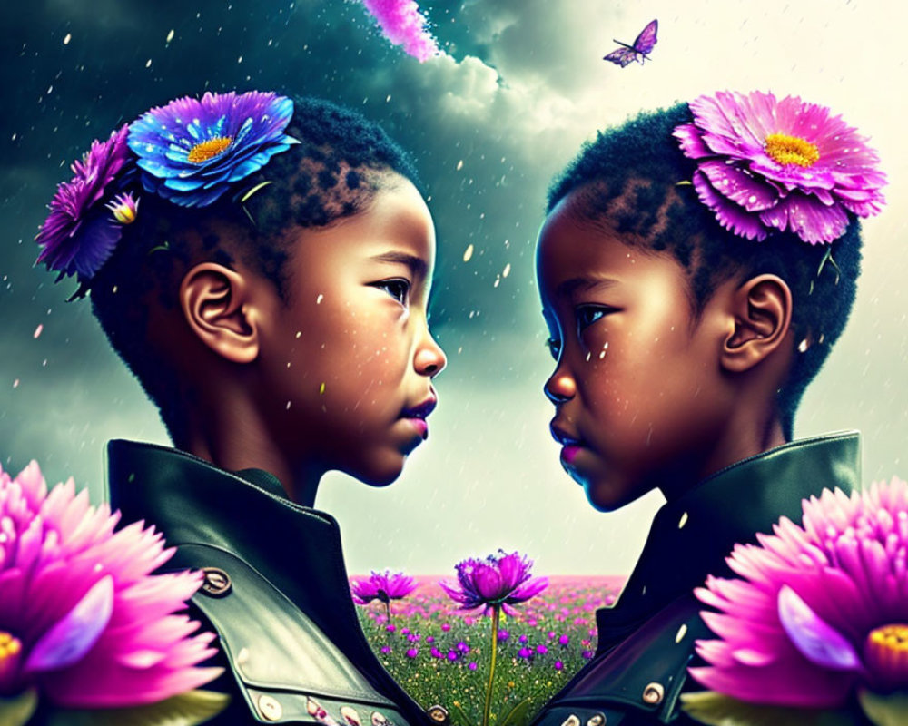 Children with flowers in hair under dramatic sky and butterflies, vibrant purple field