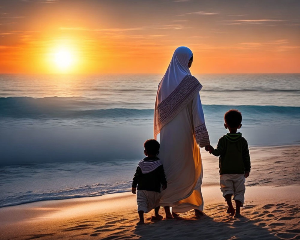 Woman in white garment walking on beach with two children at sunset