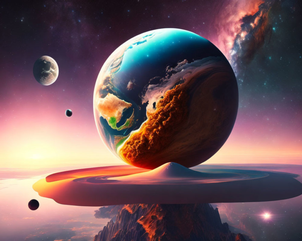 Vibrant cosmic scene with Earth-like planet on disk structure amid galaxy