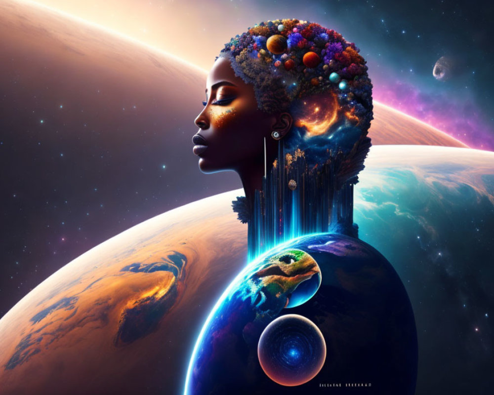 Cosmic-themed surreal portrait of a woman with planets and stars on headpiece