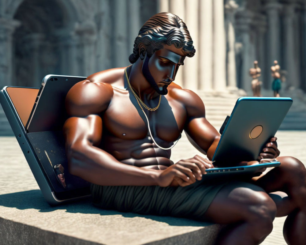 Muscular man statue with laptop in classic architecture setting