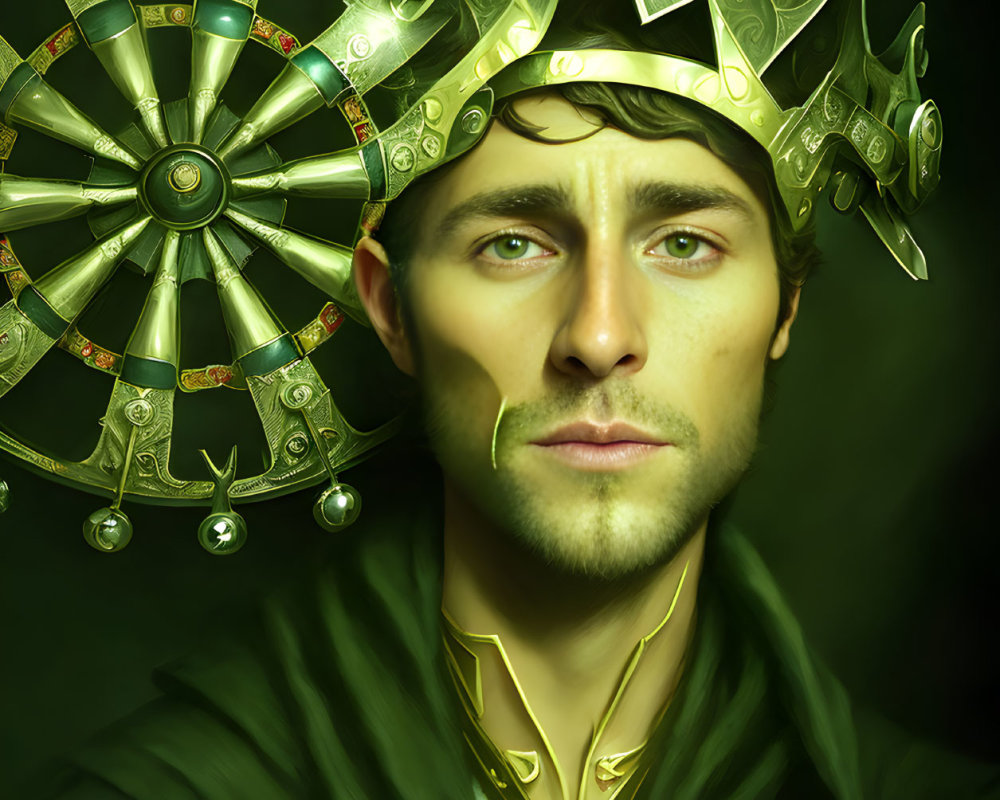 Digital portrait of man with green eyes in golden crown and robes on dark green background