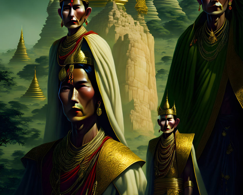 Four Regal Figures in Elaborate Golden Attire Against Pagoda Backdrop