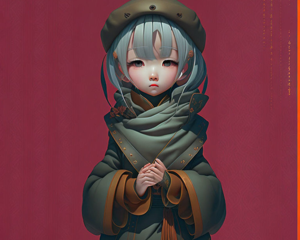 Silver-Haired Animated Character in Green Cloak on Red Background