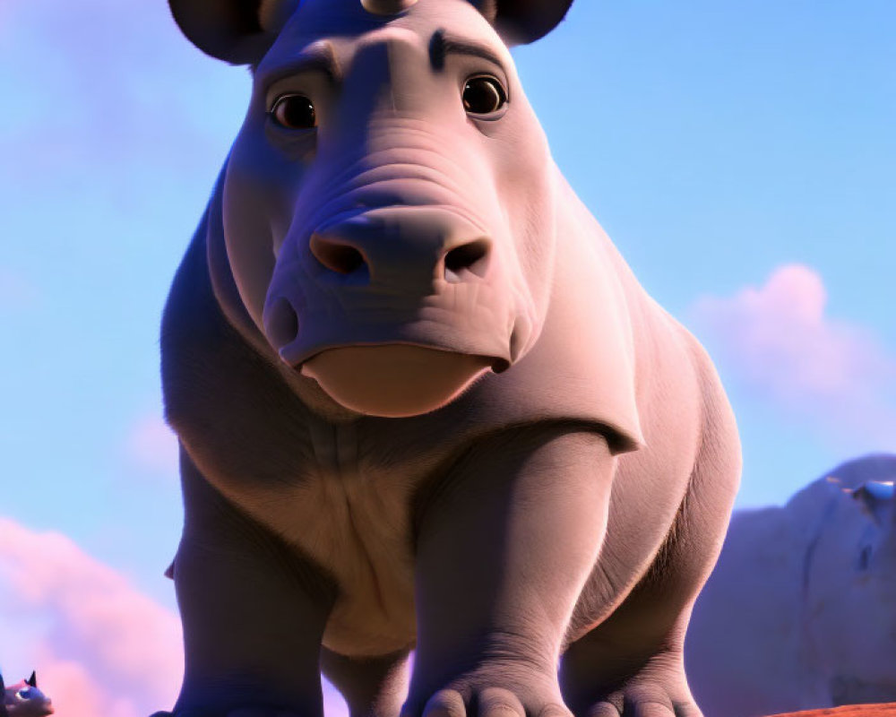 Animated Baby Rhinoceros on Rock with Blue Sky Background