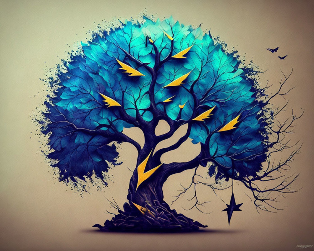 Colorful Tree Illustration with Blue Foliage and Yellow Lightning Bolts on Whimsical Background