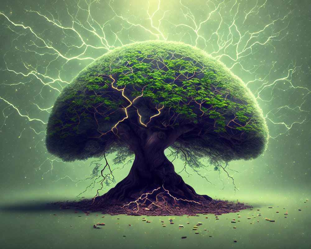 Majestic tree struck by lightning in dramatic scene