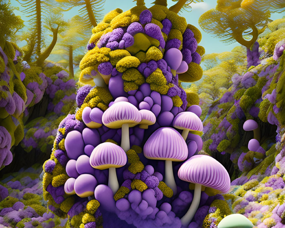 Vibrant surreal landscape with mushroom-like structures and serene lake