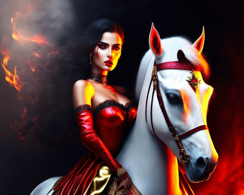 Woman in Red Dress with Fiery Elements Beside White Horse
