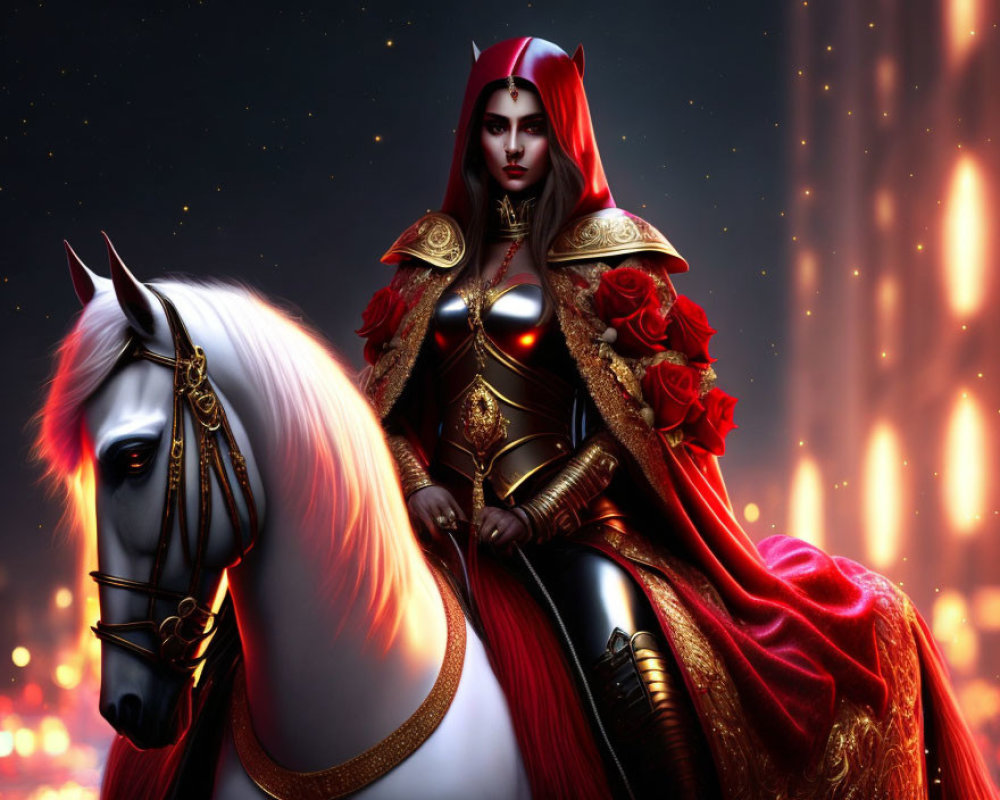 Warrior woman in ornate armor on white horse against fiery backdrop