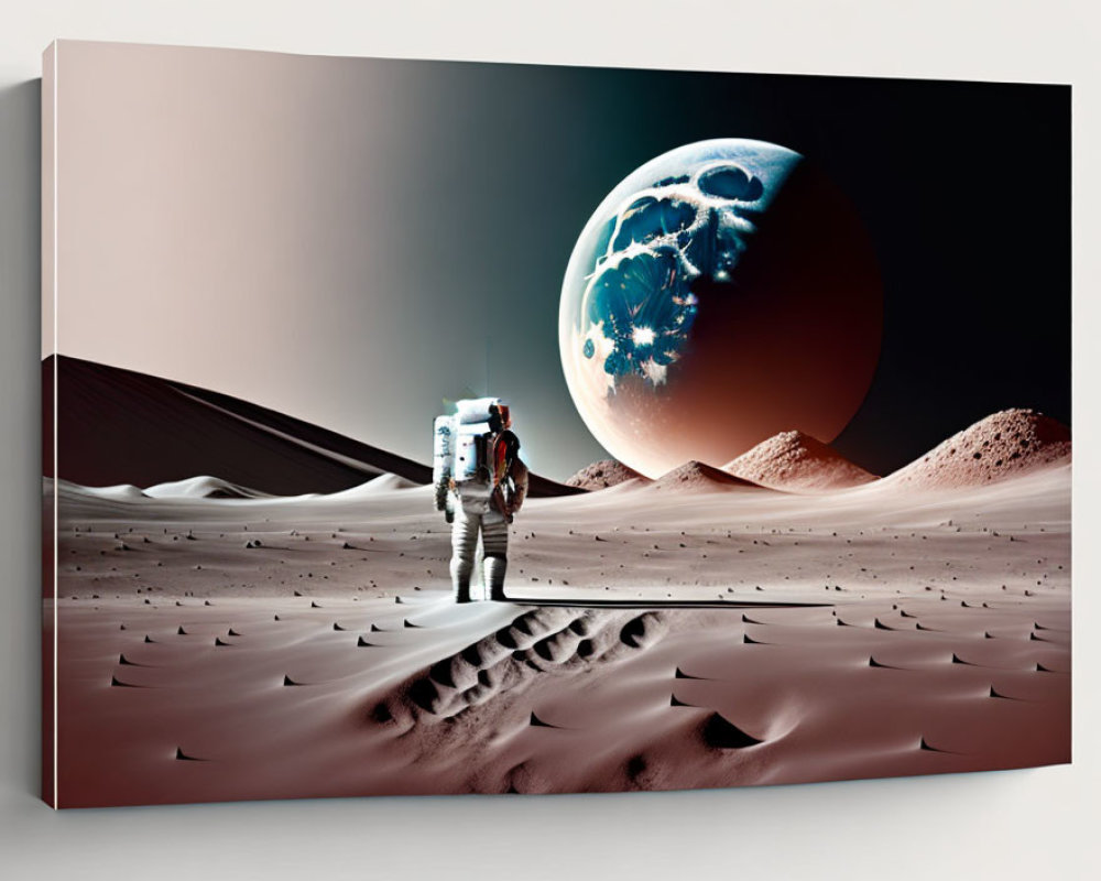 Astronaut on sandy terrain with fantastical moon on canvas print