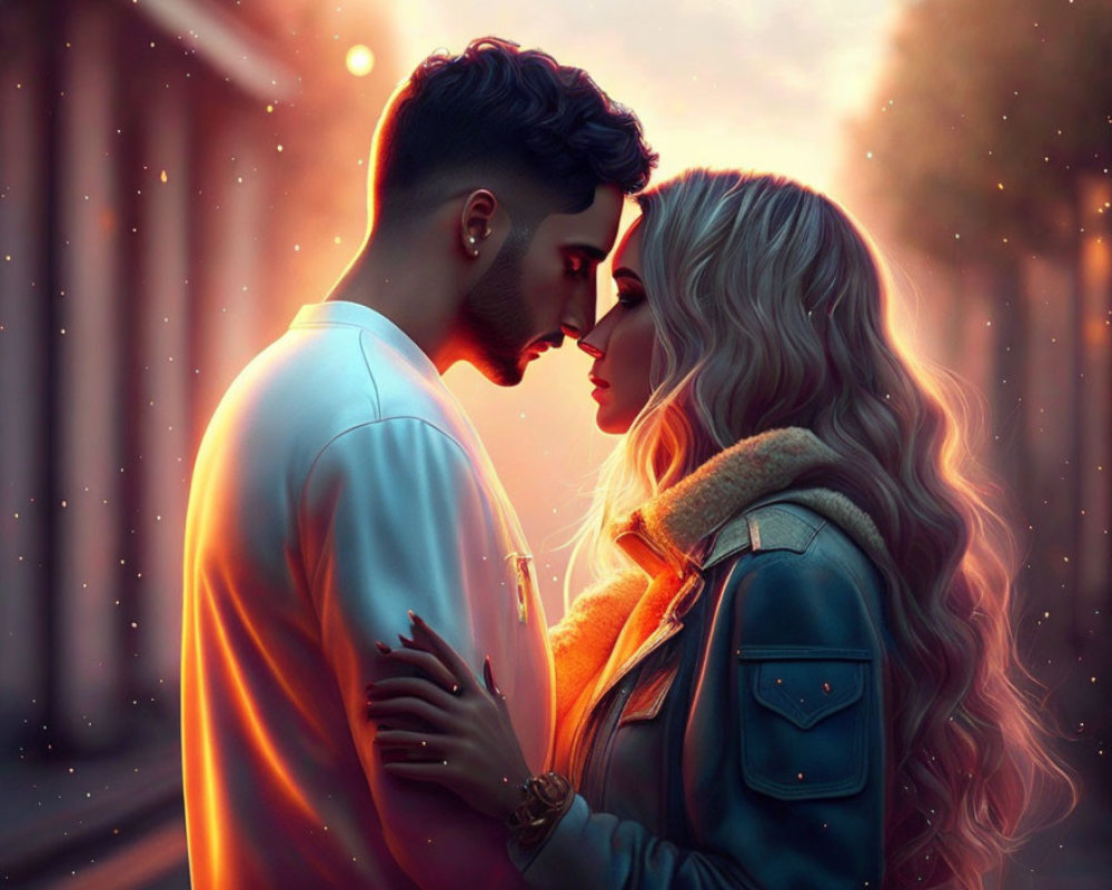 Romantic couple embracing in dreamy sunset setting