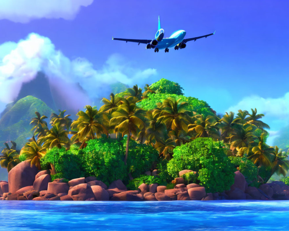 Tropical island with palm trees and rocky shores under clear blue skies