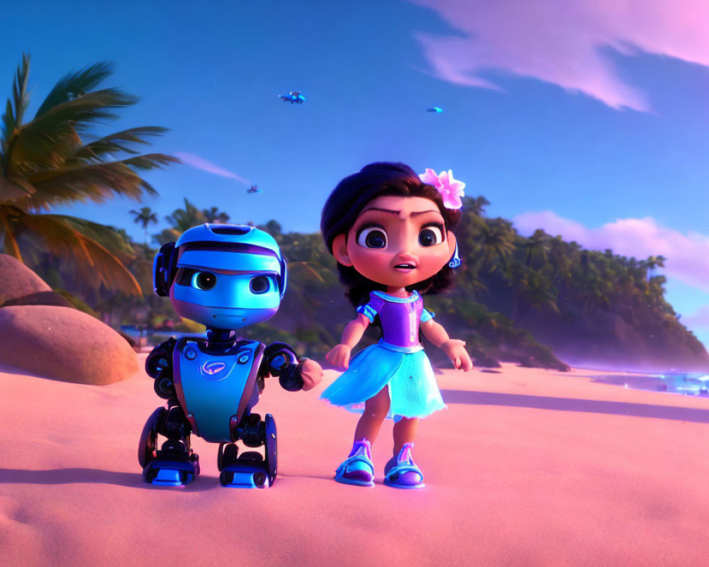 Robot and animated girl on beach at sunset with flying birds