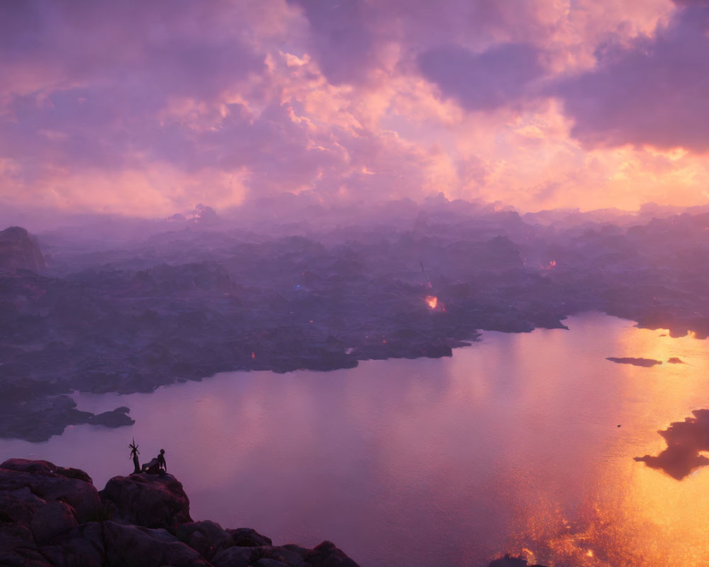 Person overlooking volcanic landscape with glowing lava and purple sky at dusk