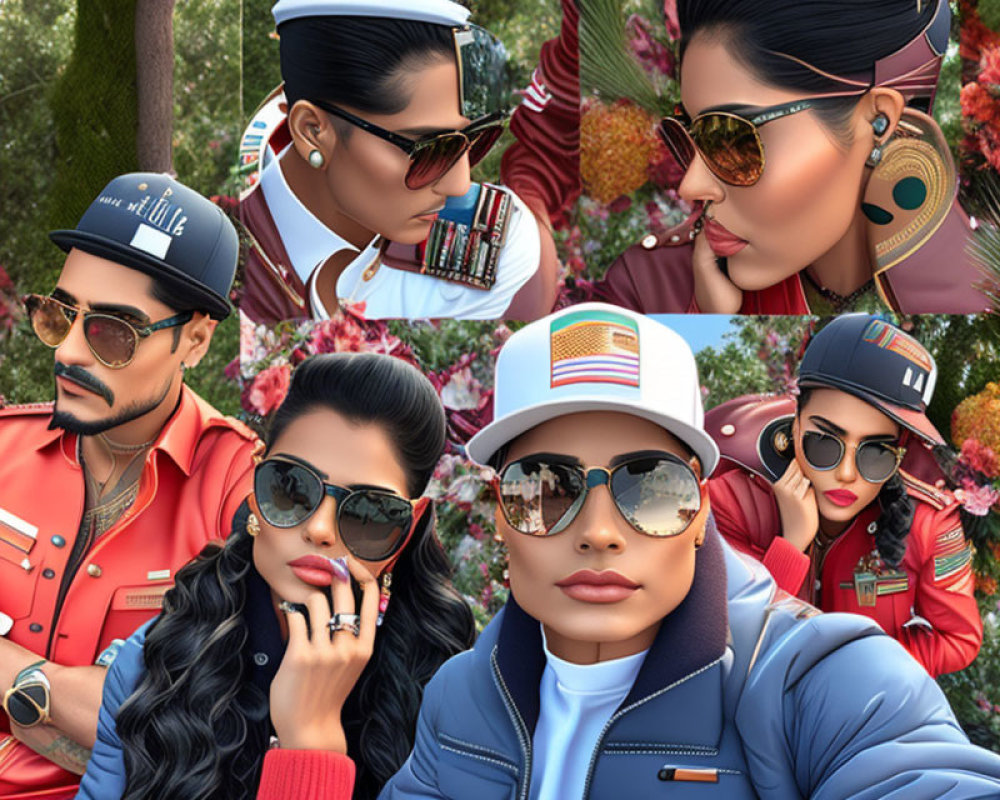 Stylized digital characters in aviation-inspired outfits on floral backdrop