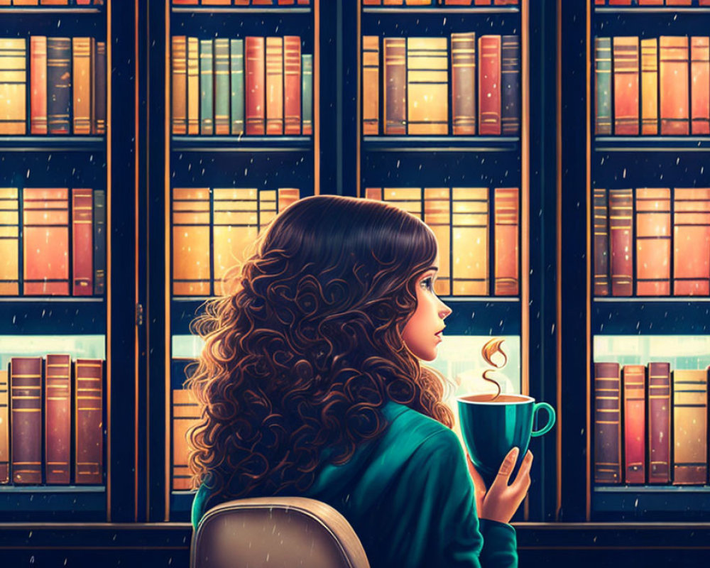 Curly Haired Woman Looking Out Rainy Window with Cup and Books