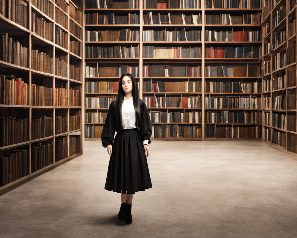 Woman in Black and White Outfit in Library with Towering Bookshelves