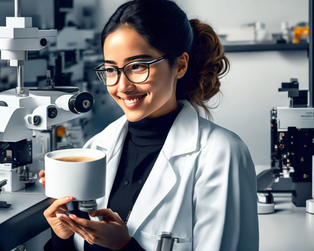Smiling woman in lab coat with coffee in laboratory setting