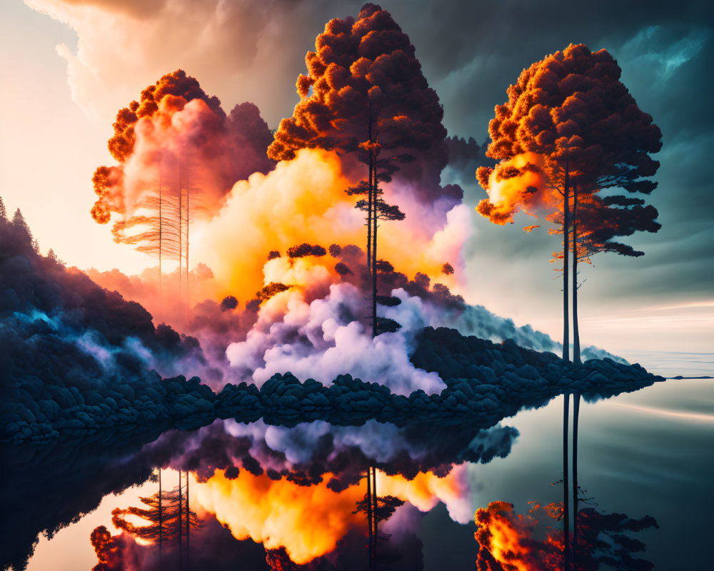 Scenic sunset reflection with pine tree silhouettes in misty sky