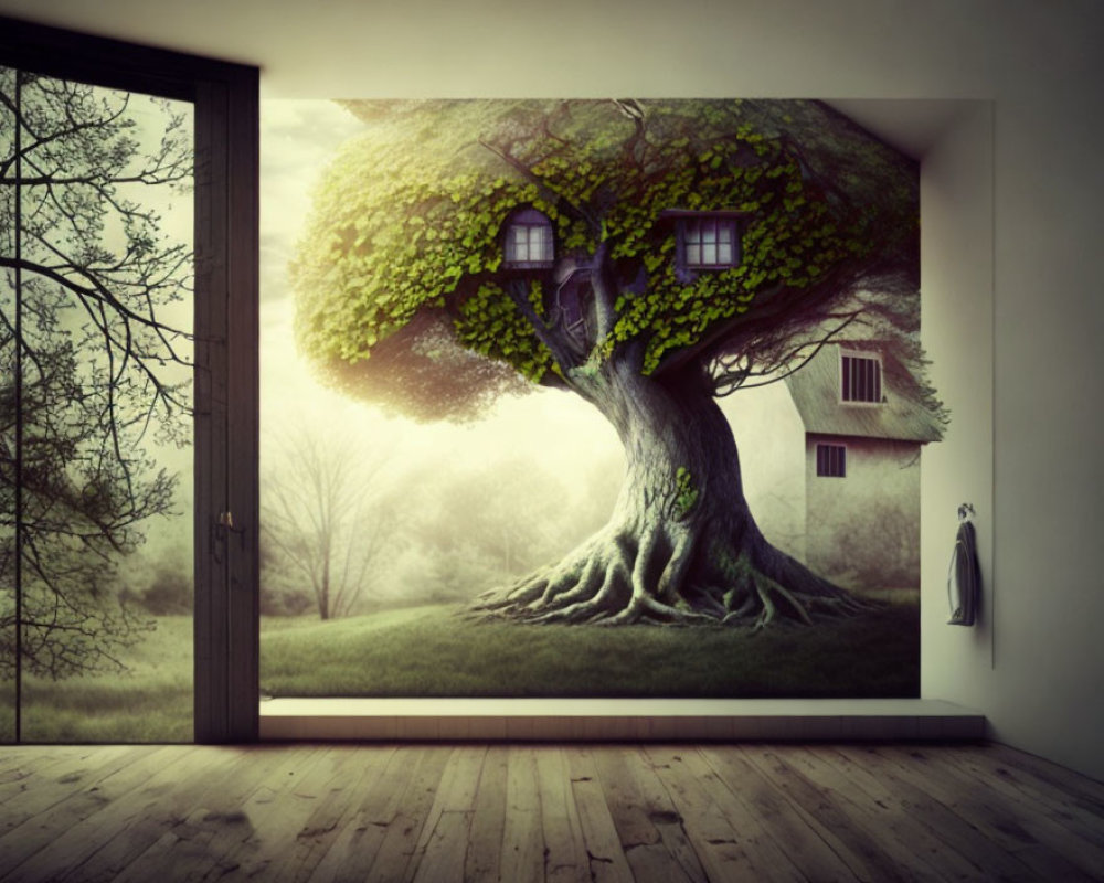 Whimsical tree mural with fairy-tale treehouse in serene landscape