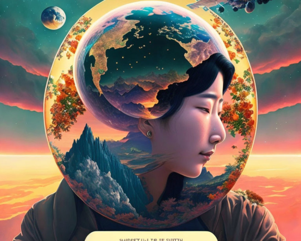 Woman's Profile Overlays Fantastical Planet Landscape