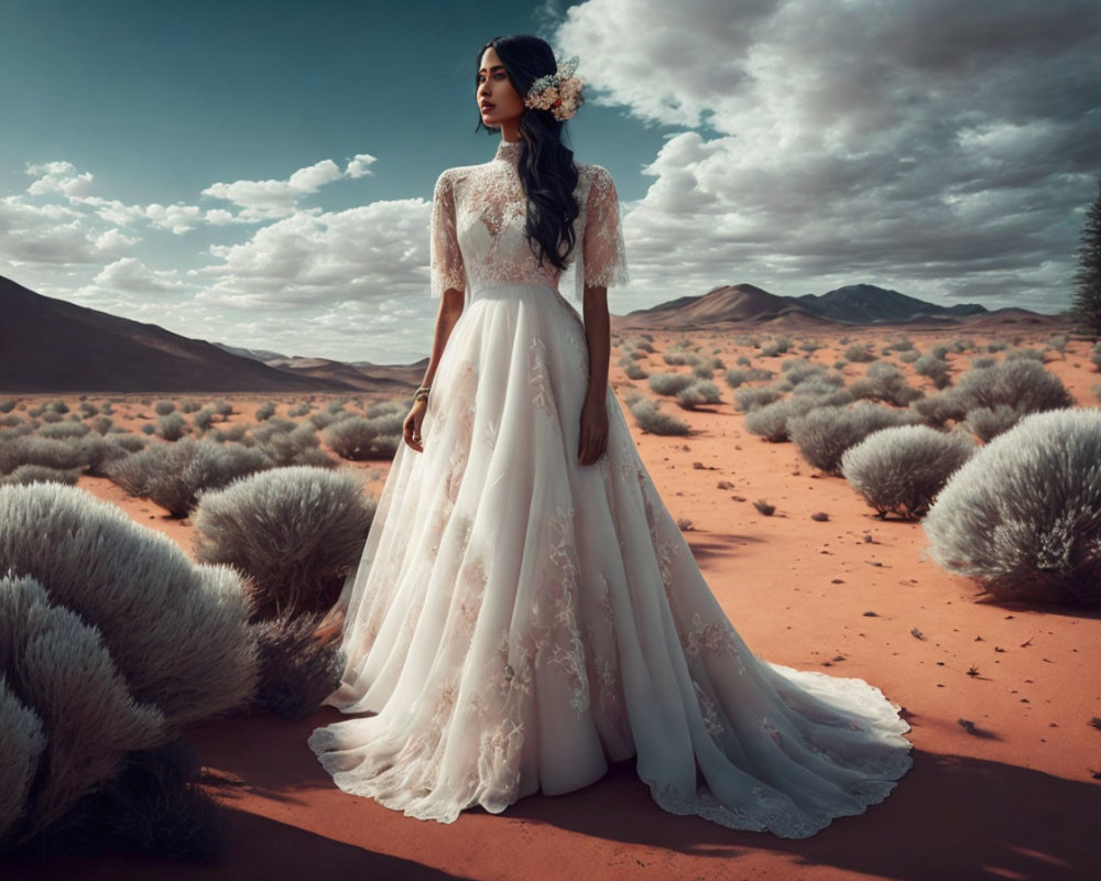 Woman in White Dress in Desert Landscape with Sandy Dunes