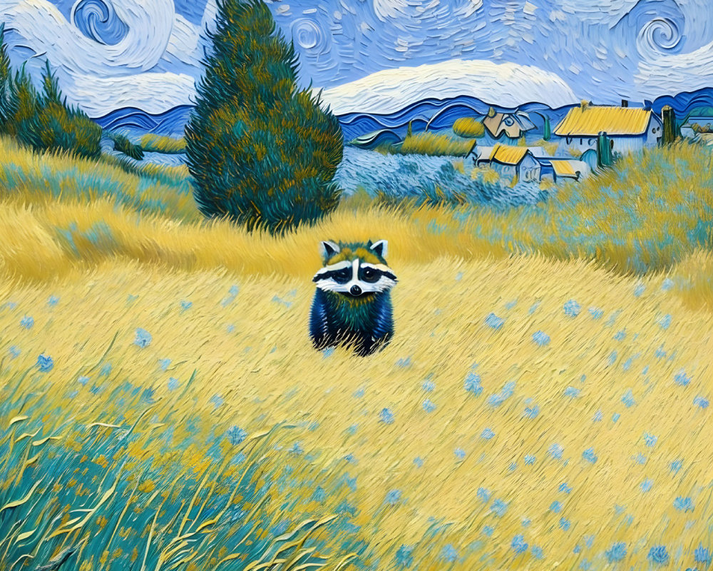 Raccoon face in wheat field with van Gogh style swirls
