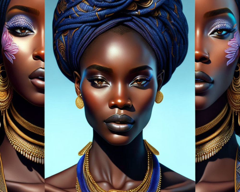 Digital artwork featuring three identical portraits of a woman with glowing skin, blue headwrap, gold jewelry,