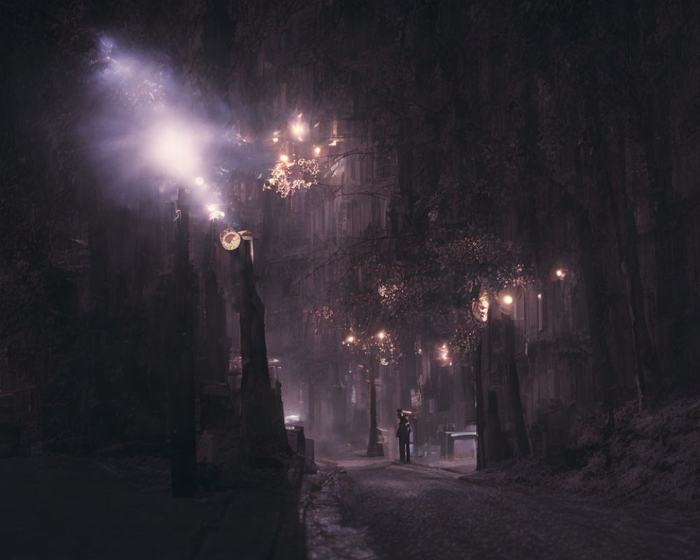 Foggy Night Street Scene with Glowing Lamps and Bare Trees