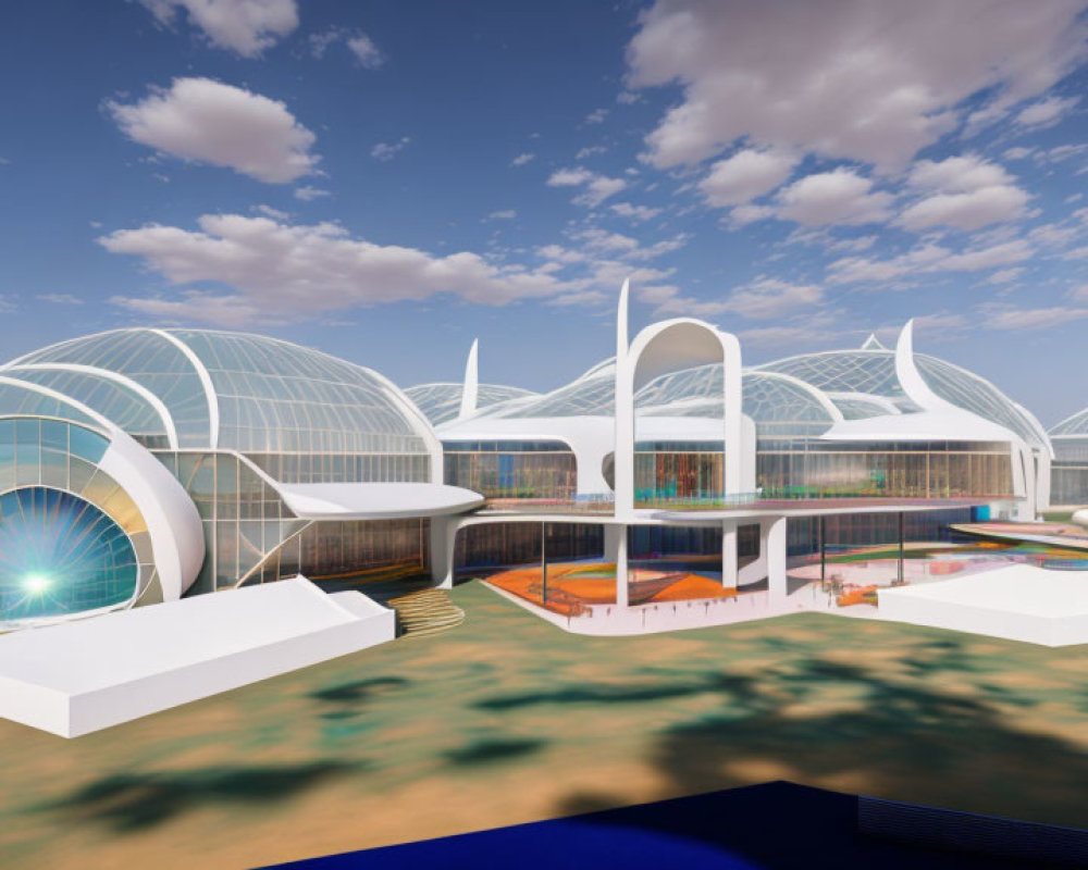 Futuristic architectural complex with domed and curved structures