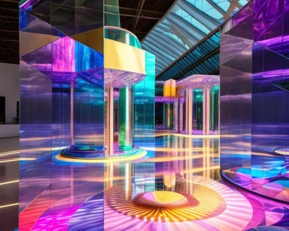 Colorful Reflective Surfaces and Geometric Shapes in Futuristic Interior