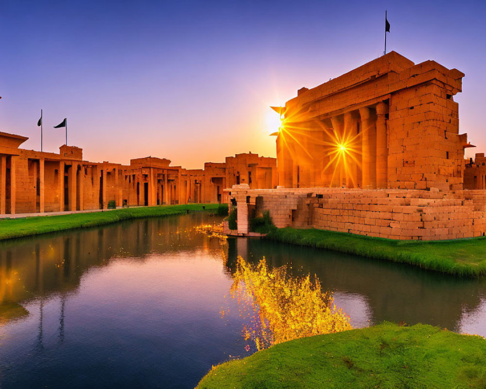 Ancient stone structure with columns at sunset reflected in water