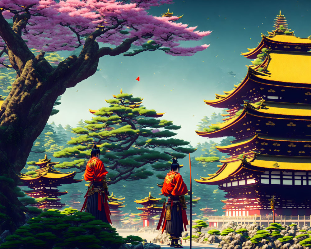 Samurai warriors under pink tree near golden pagoda