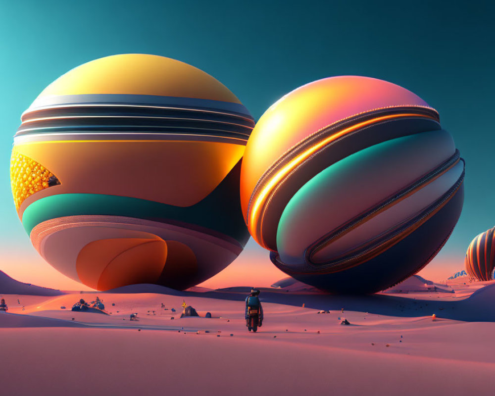 Surreal desert landscape with hovering striped spheres, lone figure, and sparse vegetation
