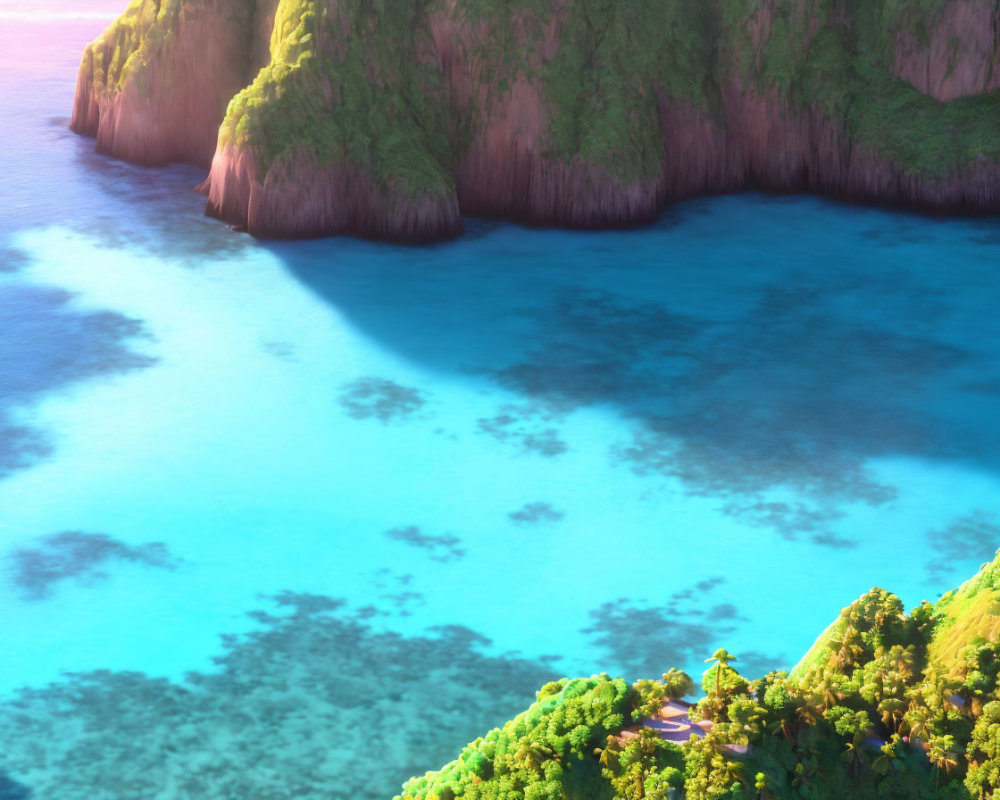 Serene Ocean View: Green Cliffs, Blue Water, Coral Reefs