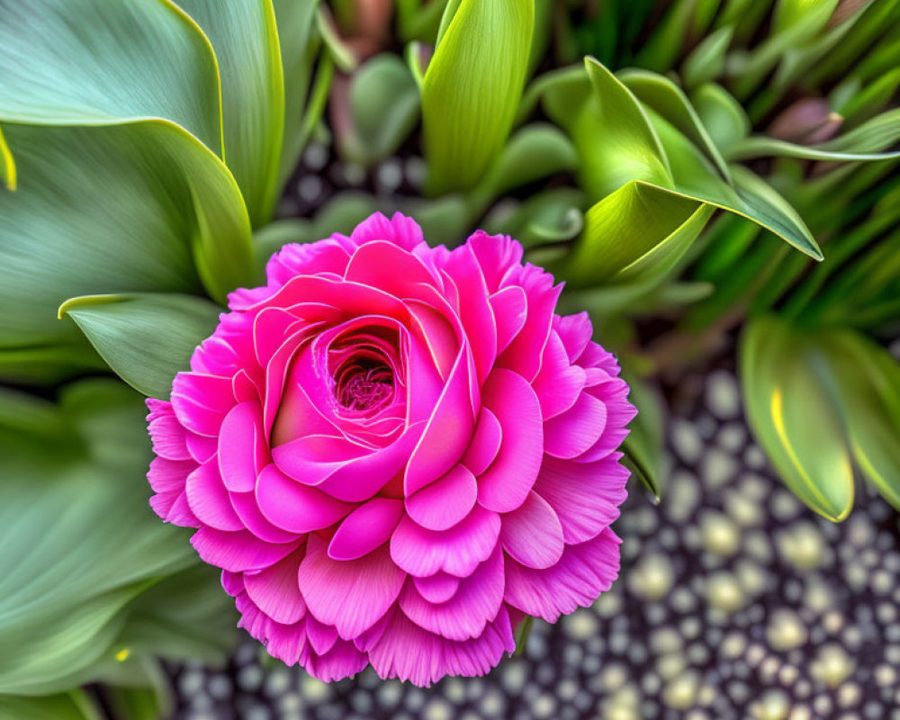 Pink Ranunculus Flower with Layered Petals and Green Leaves on Pebbly Background