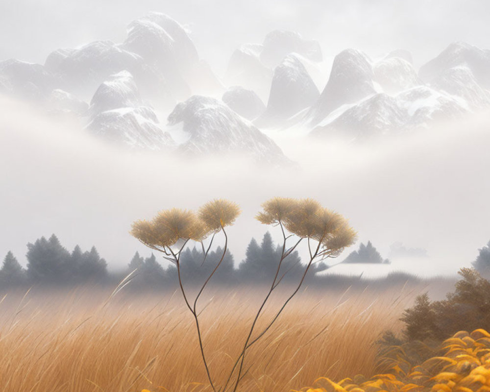Golden Foliage and Misty Mountains in Serene Landscape