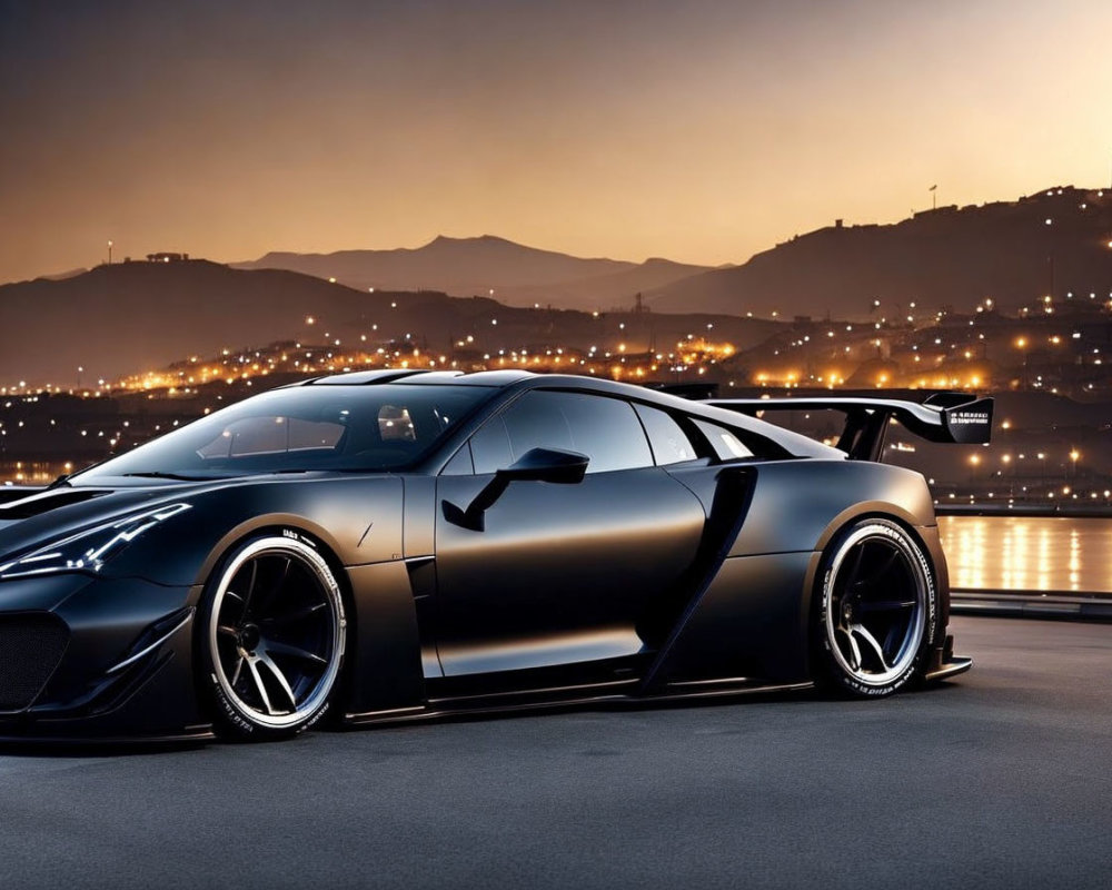 Black Sports Car with Rear Wing Against Cityscape Twilight